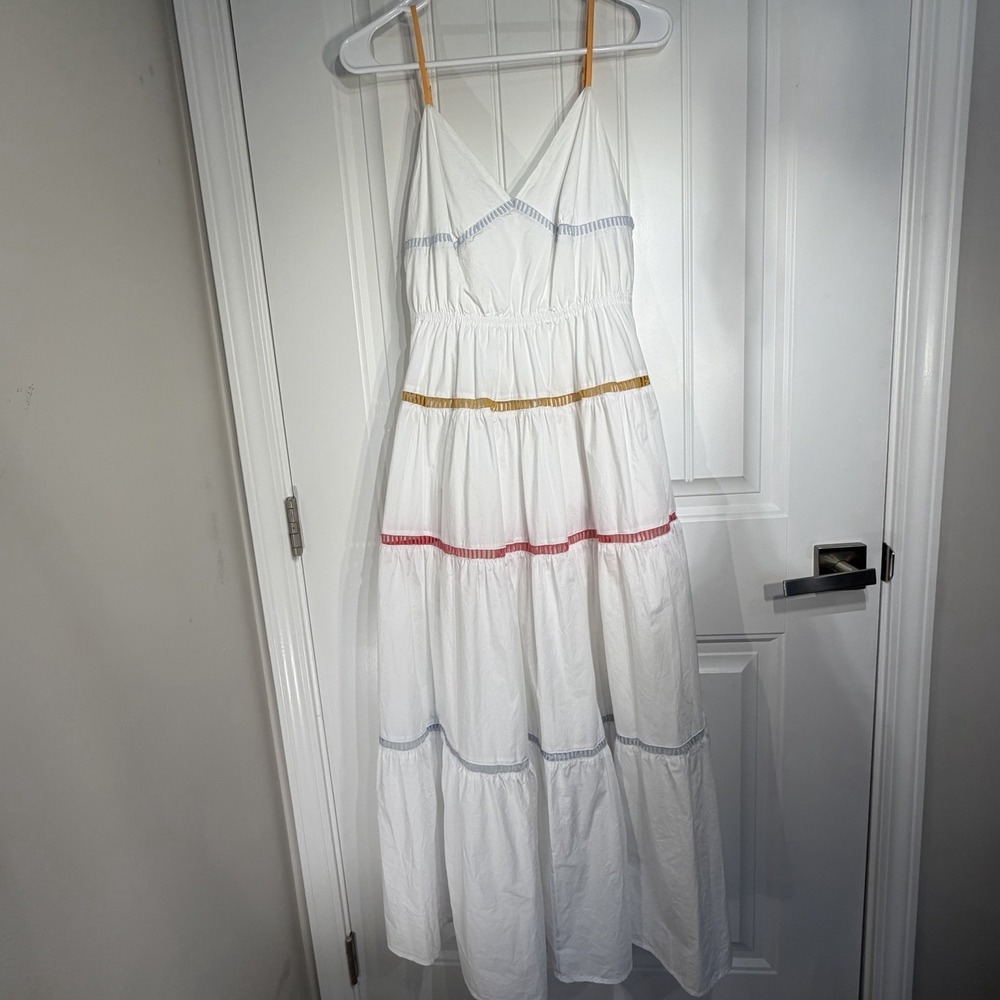 EB Luxe Los Angeles‎ White Tiered Maxi Dress Colorblock Trim Size S